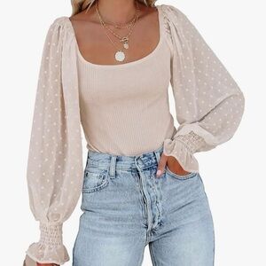 Cream Bodysuit with Sheer Sleeves